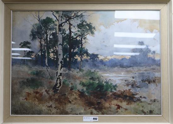 Reginald Jones, watercolour, lakeside birches, signed and dated 1887, 54 x 77cm